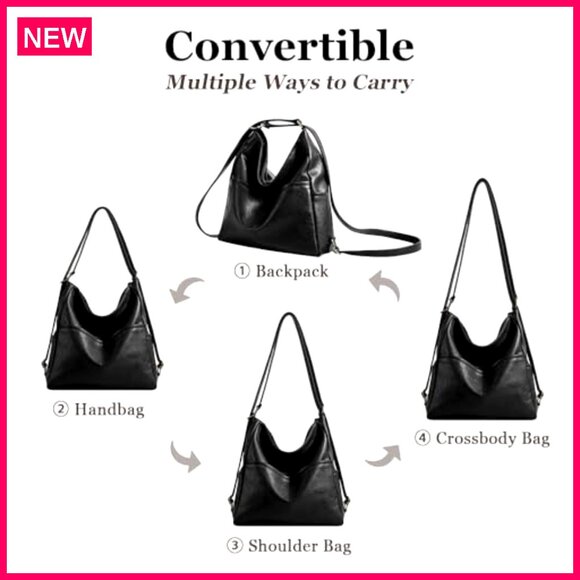 Large Vegan Leather Convertible Backpack Tote Bag with Multiple Pockets - Picture 5 of 8